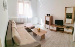 a living room with a couch and a television at Apartments Valiža 2 in Senj