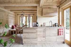 a kitchen in a log cabin with a sink and a counter at Bukowy Raj in Wisła +18 photos