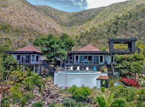a house with a swimming pool in front of a mountain at VILLA DEL SOLE in Virgin Gorda