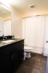 a bathroom with a sink and a toilet and a mirror at The Lofts at Downtown Salem in Salem