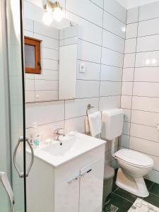 a white bathroom with a toilet and a sink at Apartments Valiža 2 in Senj +31 photos