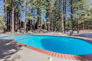 una gran piscina azul con árboles en el fondo en Sunshine Village, en Mammoth Lakes