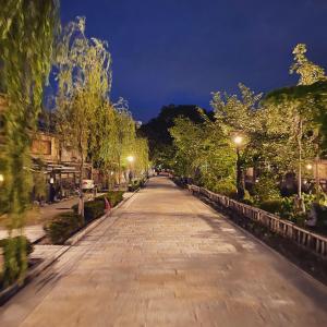 an empty street at night with trees and lights at JAM Hostel Kyoto Gion in Kyoto