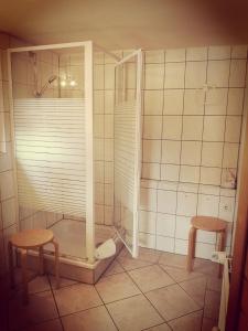 クラウスドルフ・メクレンブルク・フォアポンメルンにあるFerienhaus am Radwanderwegのバスルーム(シャワー、スツール2つ付)