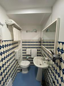a blue and white bathroom with a toilet and a sink at SUITE 4 CANTI in Palermo +13 photos