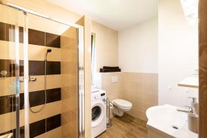 a bathroom with a washer and dryer in it at Apartmaji BANONIA in Veržej