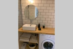 W łazience znajduje się umywalka, lustro i pralka. w obiekcie Vichy Cocoon Appartements w mieście Vichy