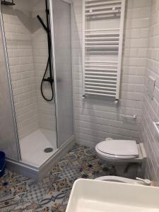 a bathroom with a shower and a toilet and a sink at DilettaAnna Luxury apartment Lipari in Tropea