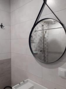 a bathroom with a mirror and a sink at Villa Río Mielno in Mielno