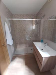 ein Bad mit einer Dusche und einem weißen Waschbecken in der Unterkunft Apartamento Adriana in O Pindo