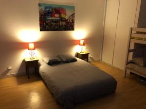 a bedroom with a bed and two lamps on two tables at Appartement 4 personnes aux pieds des pistes, Ariège in Ustou +28 photos