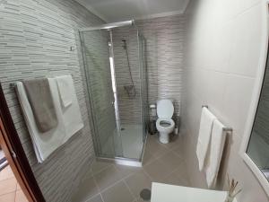 La salle de bains est pourvue de toilettes et d'une douche en verre. dans l'établissement House Fifteen, à Horta