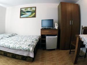 sypialnia z łóżkiem i telewizorem na biurku w obiekcie U Grażyny w Kołobrzegu