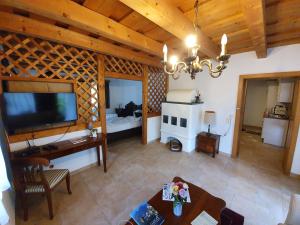 a living room with a television and a room with a bed at Appartement Emilia in Hallstatt