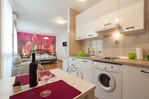 una cocina con lavadora y una copa de vino en una barra en Zadar City Studios, en Zadar