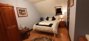 a bedroom with a bed with black and white pillows at Creevagh (Room Only) in Keel