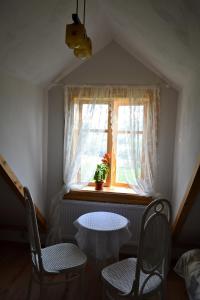 a small room with a table and chairs and a window at Dom Gościnny Szpilkowo in Nowica