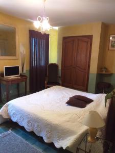 a bedroom with a bed and a desk with a laptop at Mas des Sources in Visan