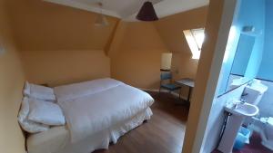 a small bedroom with a white bed and a window at Paddy's Palace Kilarney in Killarney