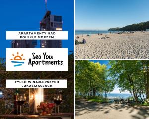 uma colagem de três fotos de uma praia em Sea You Apartments- Okrzei em Sopot