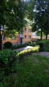a park with trees and a building in the background at Apartament Włóczykija in Sandomierz