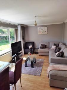 a living room with a couch and a tv at Fourth Avenue, Lovely bungalow available for guests and contractors Parking wifi in Nottingham