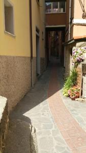 an empty alley way in a building with flowers at La Linea D'Acqua in Manarola