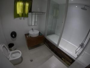 ein Bad mit einer Dusche, einem Waschbecken und einem WC in der Unterkunft Descanso En Paraiso Resort in Siquijor
