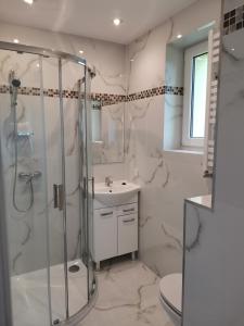 uma casa de banho com um chuveiro, um WC e um lavatório. em APARTAMENT Magurka em Rycerka Górna