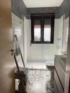 a bathroom with a toilet and a glass shower at Apartamento Casa Xesteira in Poio +25 photos