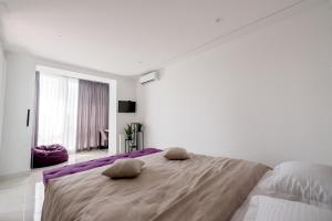 sypialnia z dużym łóżkiem z 2 poduszkami w obiekcie Апартаменти OneDay в ценрі Чорткова w mieście Chortkiv