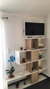 ein Wohnzimmer mit einem TV auf einem weißen Regal in der Unterkunft maktub sunset cottage in Paul do Mar