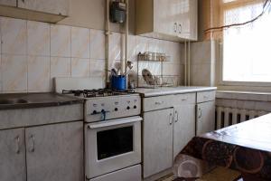 a kitchen with a white stove and a sink at Apartments on Vostok 5/2 in Bishkek