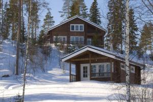 a wooden house in the snow with trees at Villa Puolukka in Tahkovuori