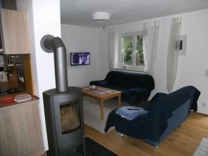 sala de estar con estufa de leña y sofá en Ferienhaus Kettler II, en Muhr amSee