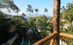 uma vista a partir da varanda de uma casa com palmeiras em Pousada Caiçara em Abraão