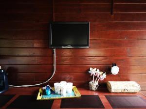 a living room with a tv and a tray with cosmetics at Casa Melania in Eşelniţa