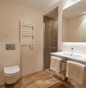 a bathroom with a sink and a toilet and a shower at Apartamentos Isaga in Zarautz