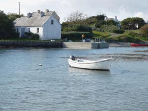 Timmys Cottage Heir Island by Trident Holiday Homes في سكيبيرين: قارب صغير في الماء بجوار منزل
