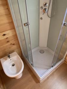 a bathroom with a shower and a toilet and a sink at Camping Piccolo Paradiso in Avegno