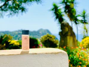 una bottiglia di crema solare seduta sopra un muro di Casa Ischitana a Ischia