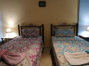 1 dormitorio con 2 camas con almohadas en Papaioannou - Gomati Chalkidikis, en Megáli Panayía