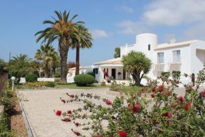 a white house with palm trees and flowers at Quinta dos Oliveiras in Carvoeiro