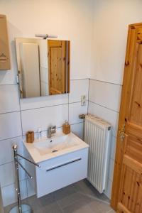 a bathroom with a sink and a mirror and a radiator at Ferienwohnung Alpaka Blick in Schneppenbach