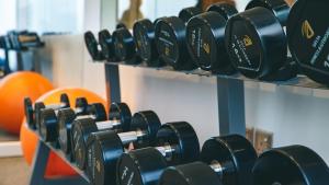 una fila de pesas en exhibición en un gimnasio en Iridium Hotel en Taif