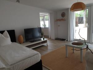 a living room with a bed and a flat screen tv at Ferienwohnung Lindenhof, zentrumsnah mit Terrasse und Grillmöglichkeit in Magdeburg