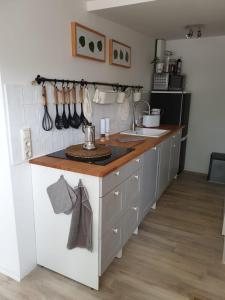 Kitchen o kitchenette sa Ferienwohnung Lindenhof, zentrumsnah mit Terrasse und Grillmöglichkeit