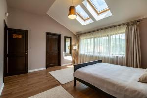 um quarto com uma cama grande e uma clarabóia em Domeniul Culcer em Dobriţa