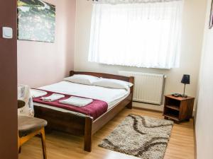 a bedroom with a bed and a window and a rug at Zamkowa Noclegi Restauracja in Drohiczyn nad Bugiem