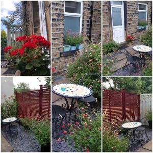 un collage de cuatro fotos de una mesa en un jardín en The Snug at Plover Cottage Lindley en Huddersfield